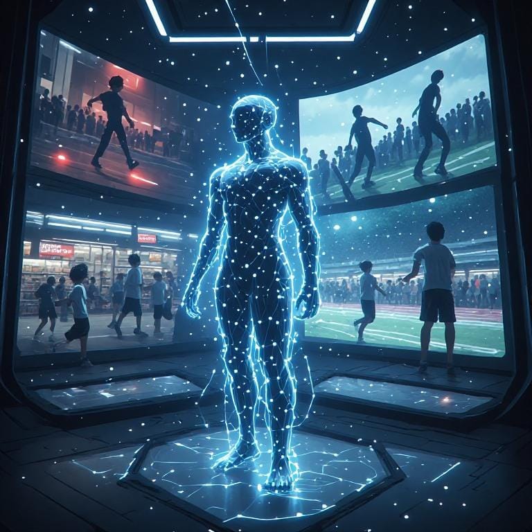 Luminous wireframe figure in a futuristic arena