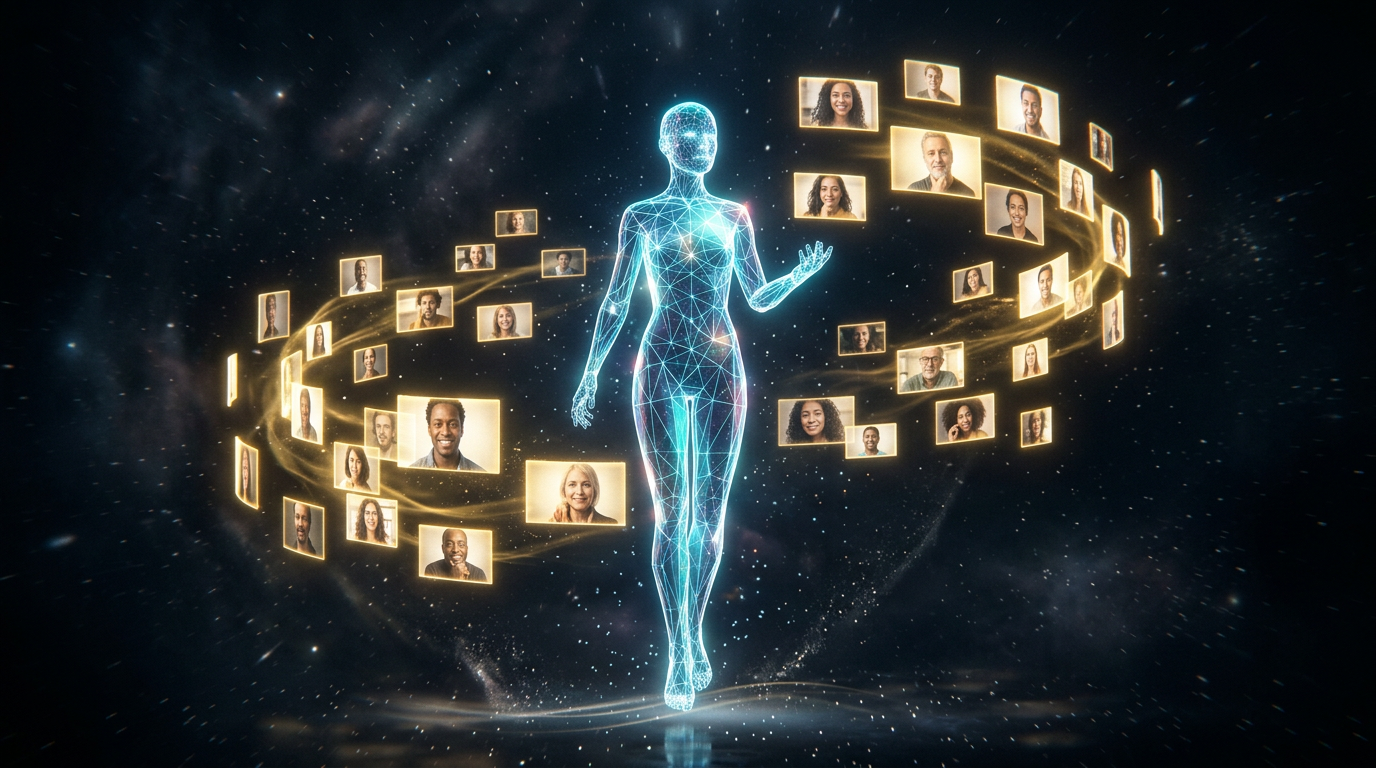 Luminous wireframe figure surrounded by faces connected by light