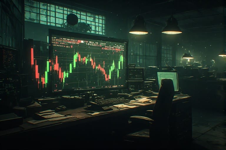 a weathered stock market trading floor at 3AM, one glowing monitor displaying candlestick charts, noir atmosphere