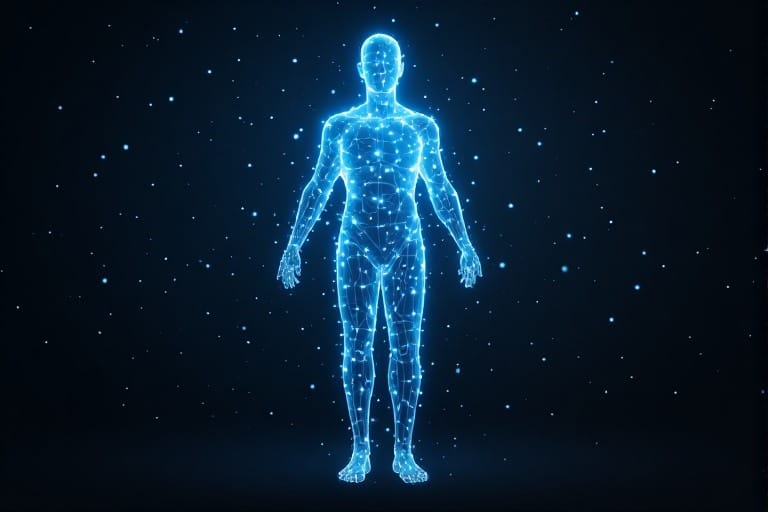 Luminous wireframe figure in dark starry void, glowing blue
